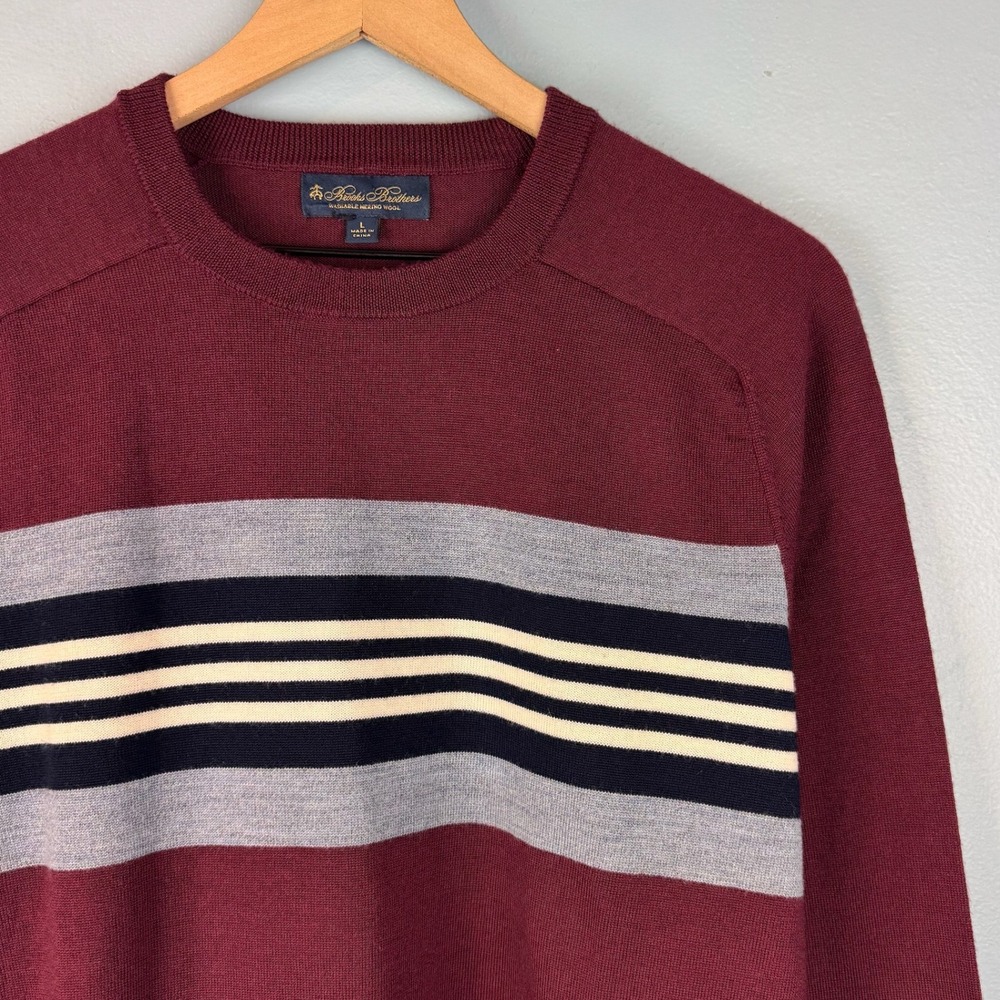 Brooks Brothers Mens Large Maroon Washable Merino Wool Striped Crewneck Sweater
